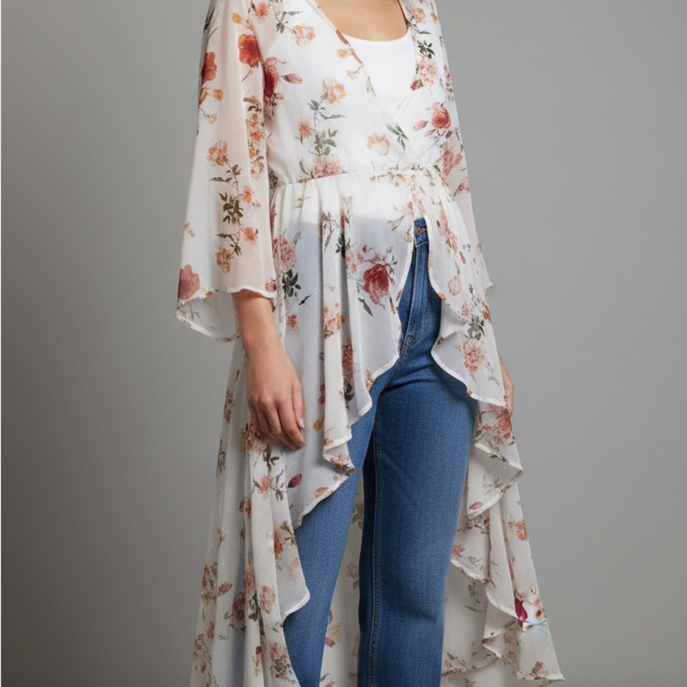 LiFE-Floral Wrap Dress - White and Orange